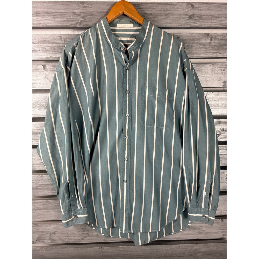 Perry Ellis Mens Vintage Band Collar Striped Cotton Button Down Shirt Teal Green